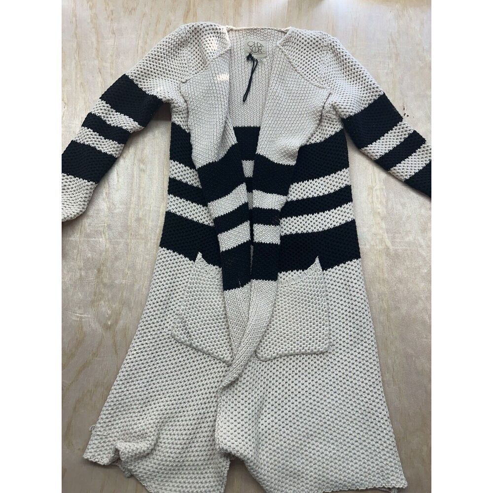 Chaser Cardigan Womens XS Ivory Black  Long Sleeve Open Front Long Duster‎